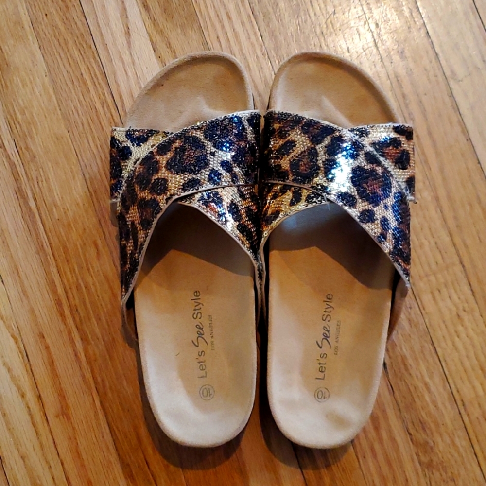 Animal print sequin slides